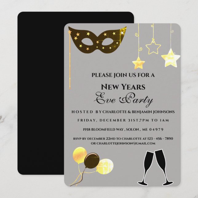 Elegantes Black and Gold Silvester Party Einladung (Vorne/Hinten)
