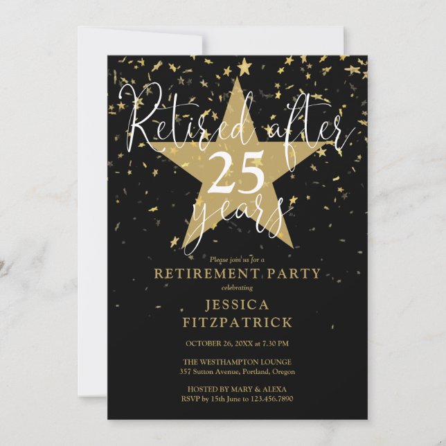 Elegantes Black and Gold Stars Rentirement Party Einladung (Vorderseite)