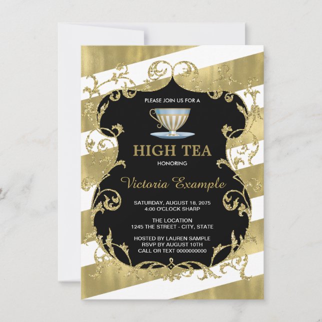 Elegantes Black and Gold Tea Party Einladung (Vorderseite)