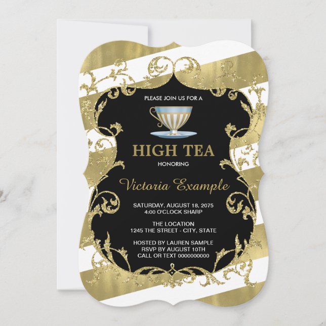 Elegantes Black and Gold Tea Party Einladung (Vorderseite)