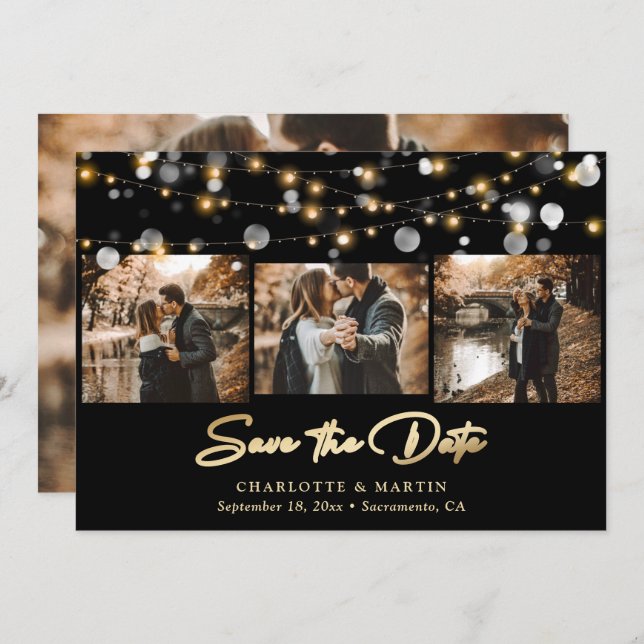 Elegantes Black and Gold Wedding 4 Foto Save The Date (Vorne/Hinten)