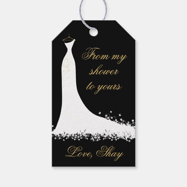 Elegantes Black and Gold Wedding Gown Brautparty Geschenkanhänger (Vorderseite)