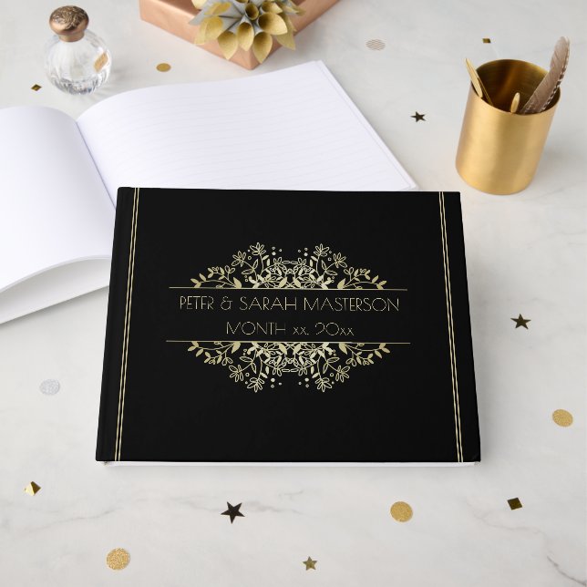 Elegantes Black and Gold Wedding Guest Book Gästebuch (Vorderseite Offen)