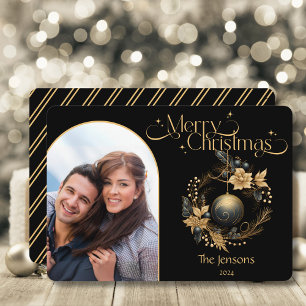 Elegantes Black and Gold Weihnachts-Foto Feiertagskarte