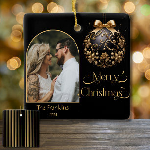 Elegantes Black and Gold Weihnachts-Foto Keramikornament