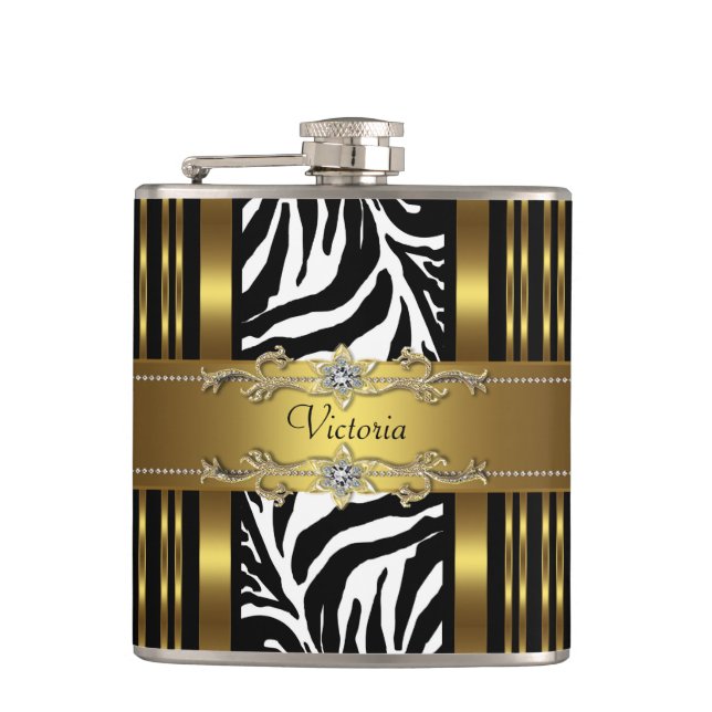 Elegantes Black and Gold Zebra Flachmann (Vorderseite)