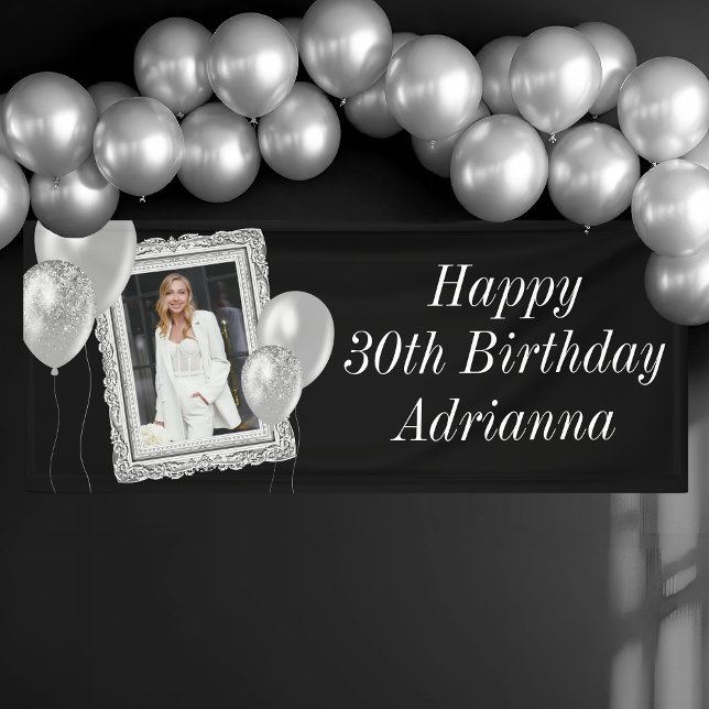 Elegantes Black and Silver Foto & Balloons Geburts Banner (Black and Silver Birthday Banner with Photo)