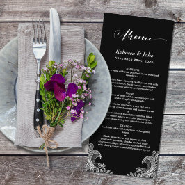 Elegantes Black and White Lace Wedding Menu Menükarte