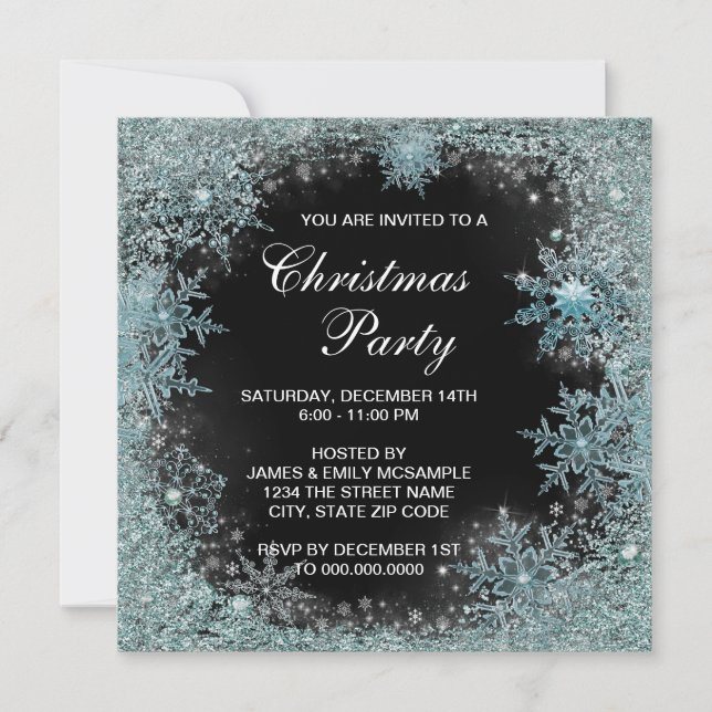 Elegantes Black Aquamarin Blue Snowflake Party Einladung (Vorderseite)