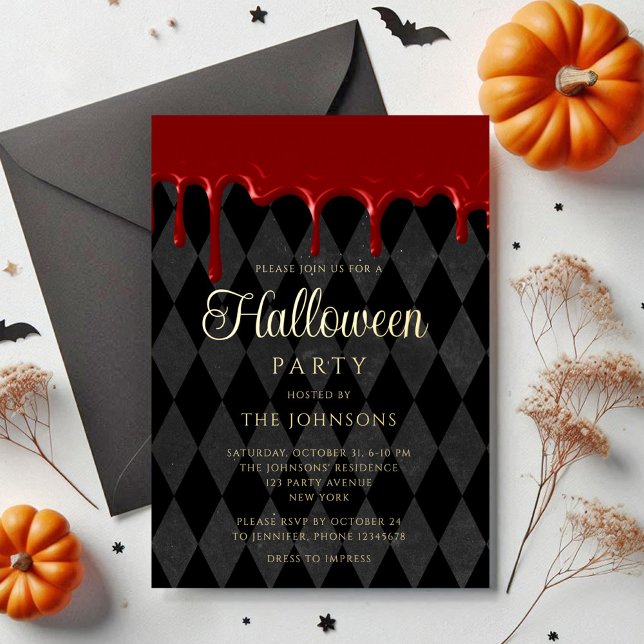 Elegantes Black Blood Dripping Halloween Gold Folieneinladung (Elegant Black Blood Dripping Halloween Gold Foil Invitation)
