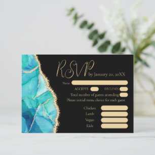 Elegantes Black Blue Gold Glitzer Hochzeitsmenü UA RSVP Karte