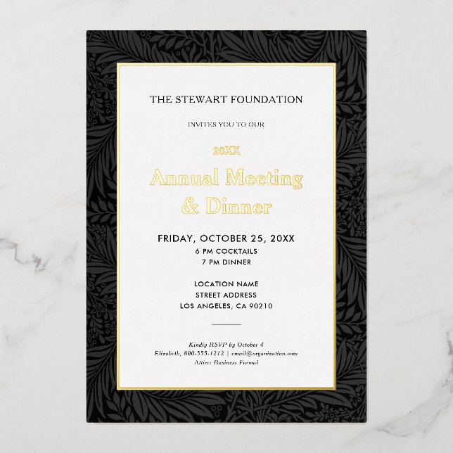 Elegantes Black Botanical Annual Business Dinner Folieneinladung (Vorderseite)