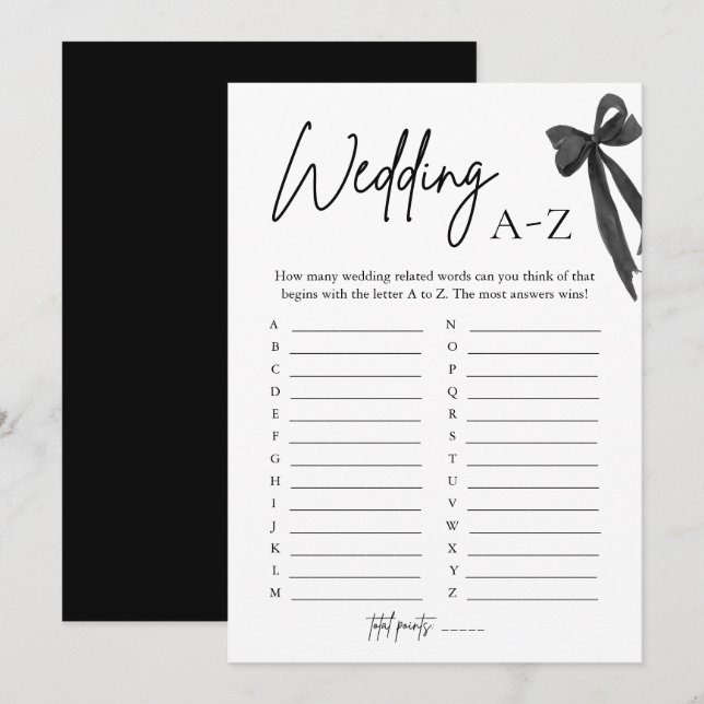 Elegantes Black Bow Wedding A-Z Brautparty Game Einladung (Vorne/Hinten)