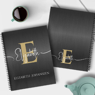 Elegantes Black Brushed Metal Gold Monogram Script Notizbuch
