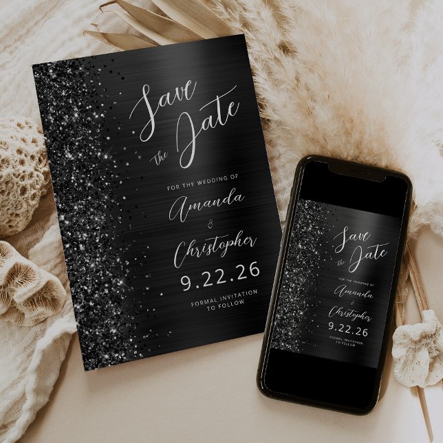 Elegantes Black Brushed Metal Script Save the Date Ankündigung (Von Creator hochgeladen)