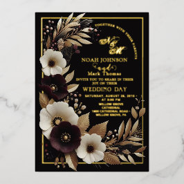 Elegantes Black Burgundy und Gold Floral Boho Folieneinladung