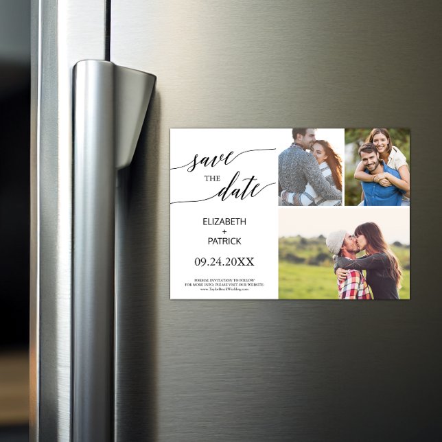 Elegantes Black Calligraphy 3 Foto Save the Date Magneteinladung (Von Creator hochgeladen)