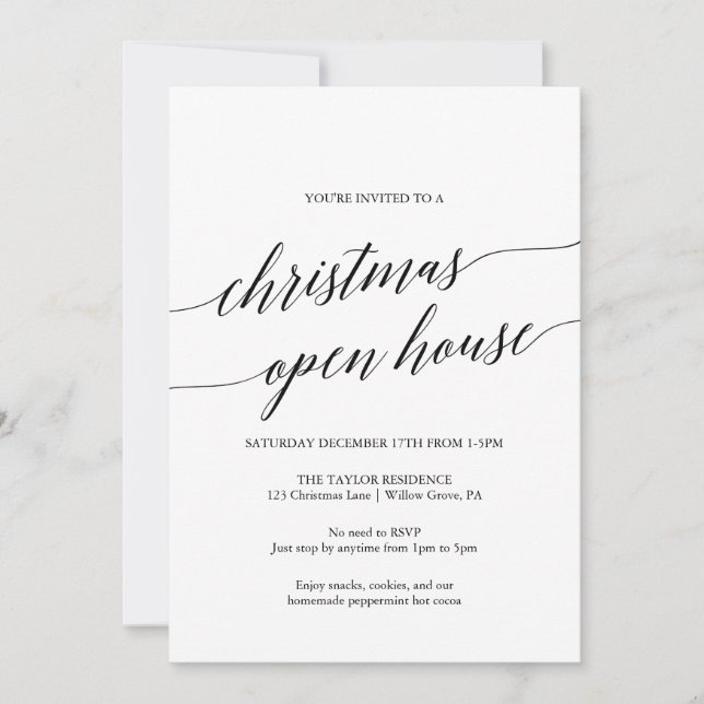 Elegantes Black Calligraphy Christmas Open House Einladung (Vorderseite)