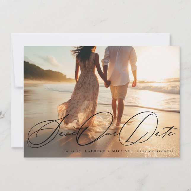 Elegantes Black Calligraphy Foto Die Hochzeit Save The Date (Vorderseite)