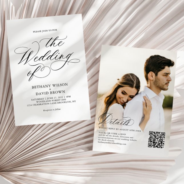 Elegantes Black Calligraphy Foto QR Code Wedding Einladung (Von Creator hochgeladen)