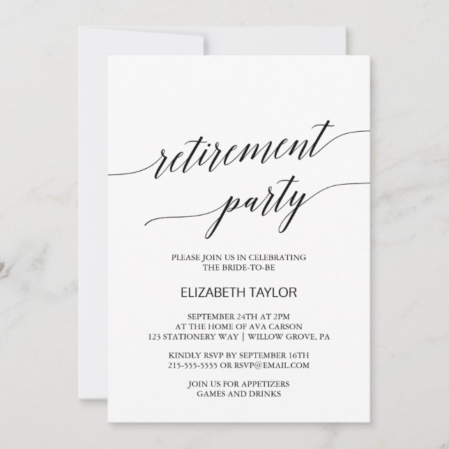 Elegantes Black Calligraphy Retirement Party Einladung (Vorderseite)