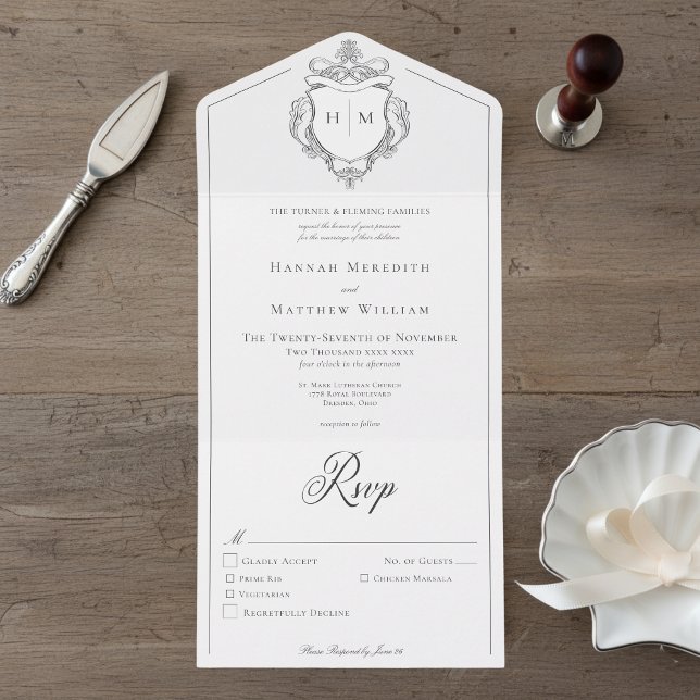 Elegantes Black Chinoiserie Bird Wappen Hochzeit All In One Einladung (Von Creator hochgeladen)