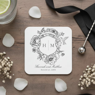 Elegantes Black Chinoiserie Bird Wappen Hochzeit Rechteckiger Pappuntersetzer