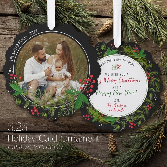 Elegantes Black Christmas Greenerity Wreath Foto Ornament Karte (Unique photo holiday card & ornament with ribbon in one! Gray black greenery wreath Merry Christmas)