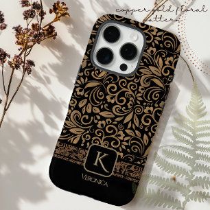 Elegantes Black & Coper Gold Floral Monogramm iPhone 16 Pro Hülle