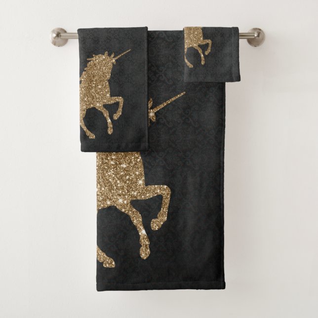 Elegantes Black Damask Gold Glitzer Einhorn Badhandtuch Set (Insitu)