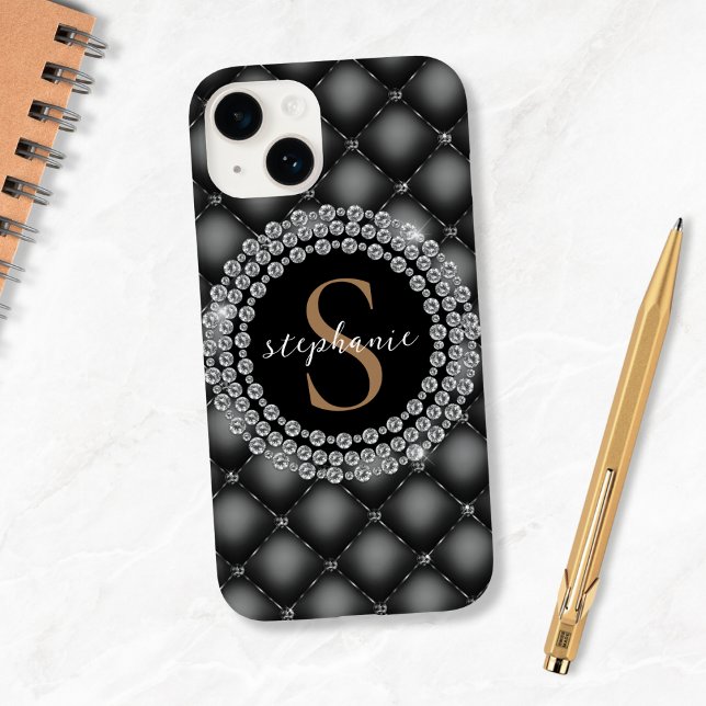 Elegantes Black Diamonds Custom Gold Monogram Case-Mate iPhone Hülle (Mockup View)