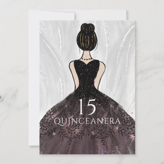 Elegantes Black Dress Gown Quinceanera Party Einladung (Vorderseite)