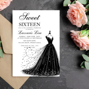 Elegantes Black Dress White 16 . Geburtstag Geburt Einladung