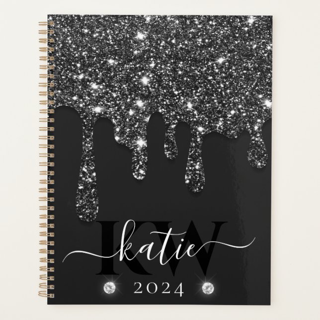 Elegantes Black Dripping Glitzer Monogram Planer (Vorderseite)