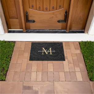 Elegantes Black Floral Gold Monogramm Fußmatte