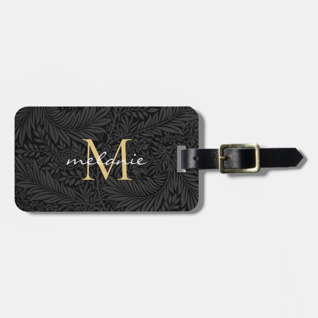 Elegantes Black Floral Gold Monogramm Gepäckanhänger (Vorderseite horizontal)