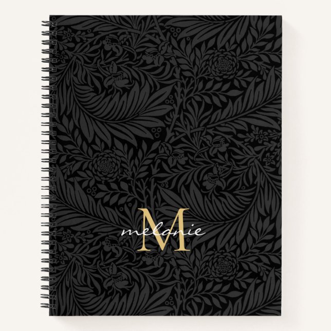 Elegantes Black Floral Gold Monogramm Notizbuch (Vorderseite)
