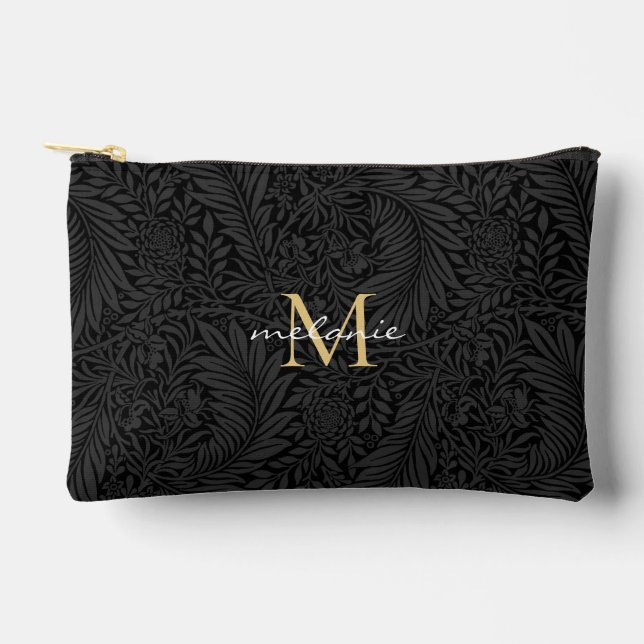 Elegantes Black Floral Gold Monogramm Zubehörtasche (Vorderseite)