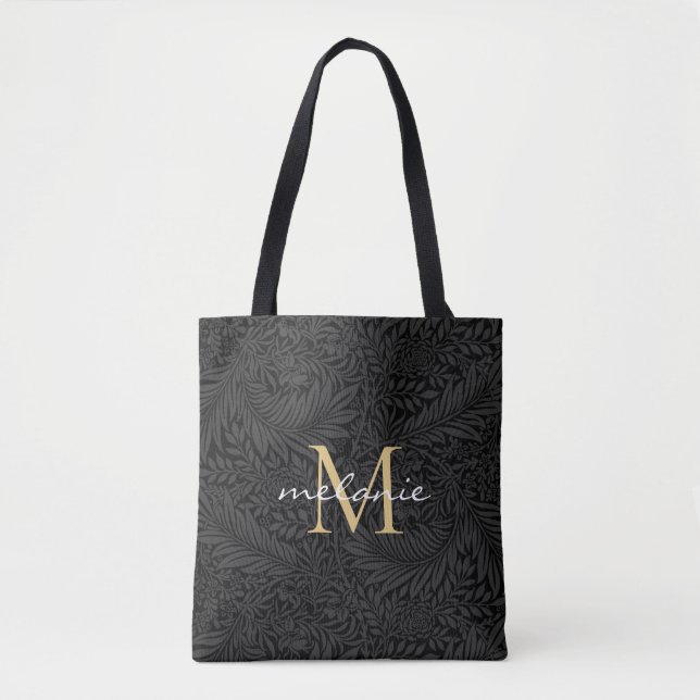 Elegantes Black Floral Gold Script Monogram (Vorderseite)