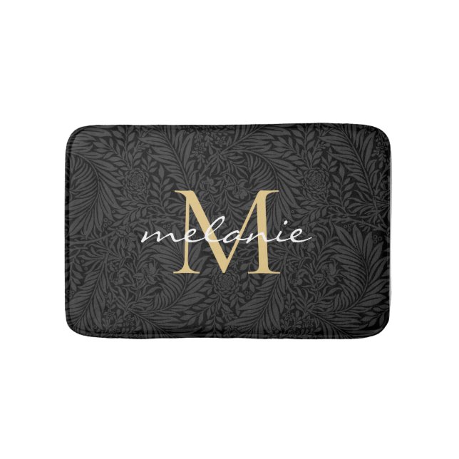 Elegantes Black Floral Gold Script Monogram Badematte (Vorderseite)
