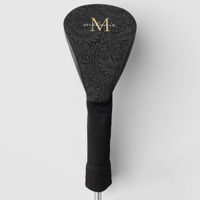 Elegantes Black Floral Gold Script Monogram Golf Headcover (Vorderseite)