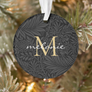 Elegantes Black Floral Gold Script Monogram Ornament