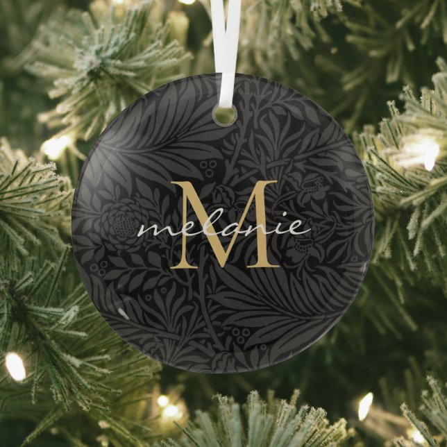 Elegantes Black Floral Gold Script Monogram Ornament Aus Glas (InSitu)