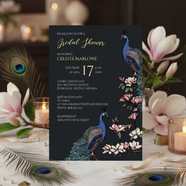 Elegantes Black Floral Peacock-Brautparty Folieneinladung (Elegant Black, Gold Foil Floral Peacock Bridal Shower Invitations for Her. Classy Bird Teal Feathers)