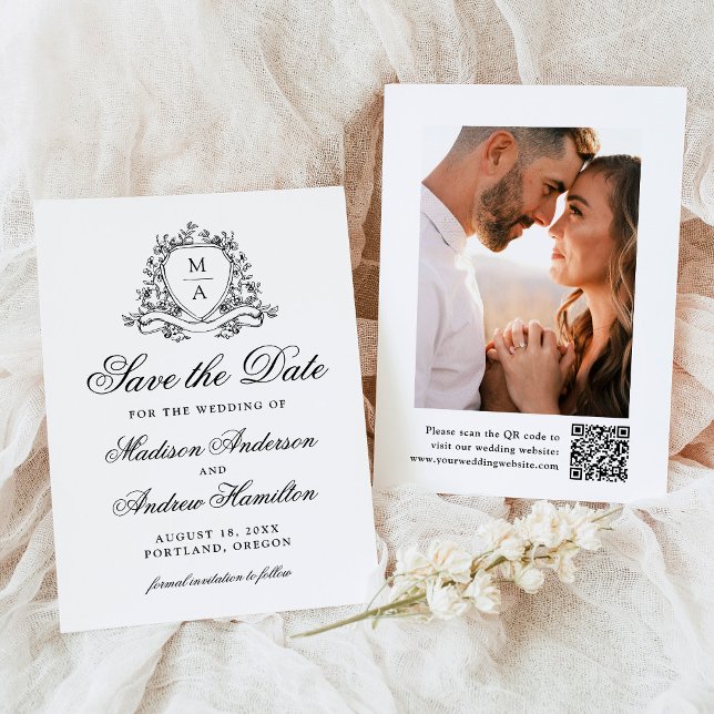 Elegantes Black Floral Wappen Monogram Foto Hochze Save The Date (Von Creator hochgeladen)