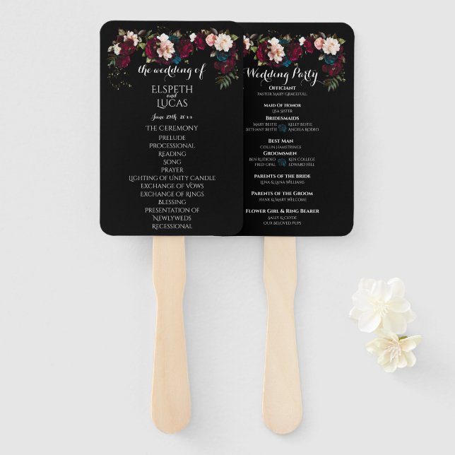 Elegantes Black Floral Wedding Program Set of Fans Fächer (Vorne und Hinten)