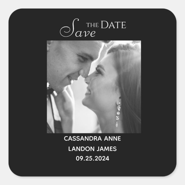 Elegantes Black Foto Chic Stilvolle Typografie Squ Quadratischer Aufkleber (Vorderseite)