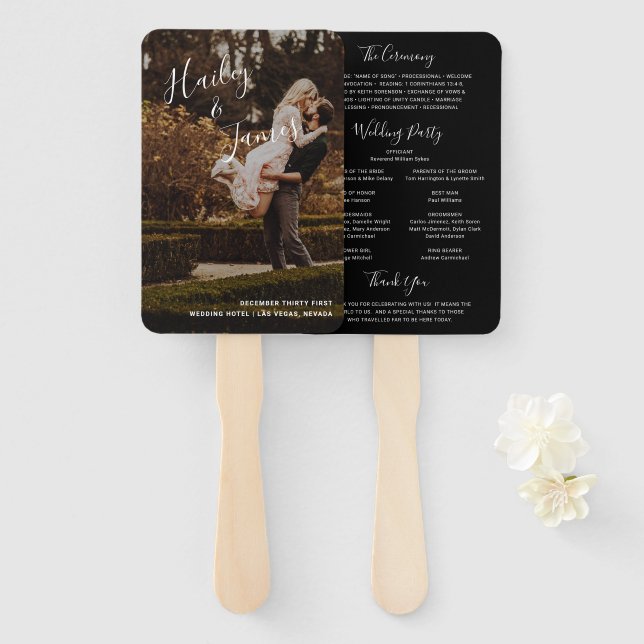 Elegantes Black Foto Modernes Hochzeitsprogramm Fächer (Vorne und Hinten)