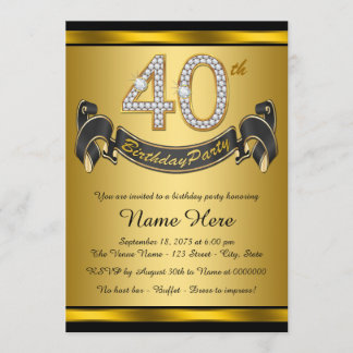 Elegantes Black Gold 40. Geburtstag Party Einladung