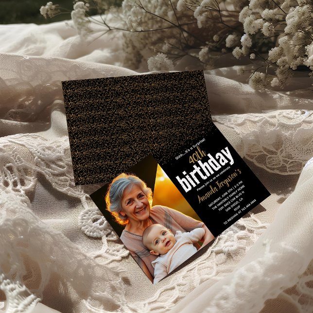 Elegantes Black & Gold 40. Geburtstag Party Foto Einladung (Von Creator hochgeladen)